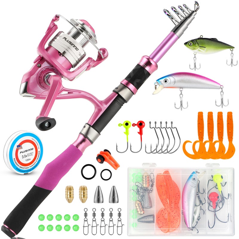 PLUSINNO Fishing Rod and Reel Combos, Fishing Gear Gifts for Women with Spinning Reel, Lures, Line, Pink Ladies Telescopic Pole Kit Designed for Girls Adults by PLUSINNO - Image 1